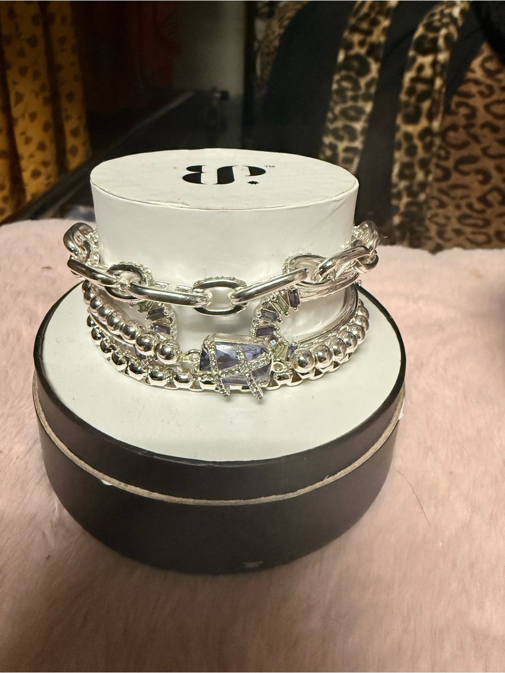 Bomb party “stacks “ Silver-Tone Crystal Link Bracelet Set - Purple Accents (4)
